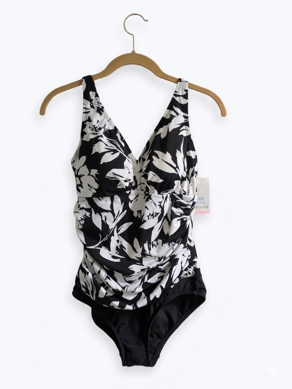 Croft & Barrow Womens One Piece Swimsuit Black White Floral Size 10 Slimming